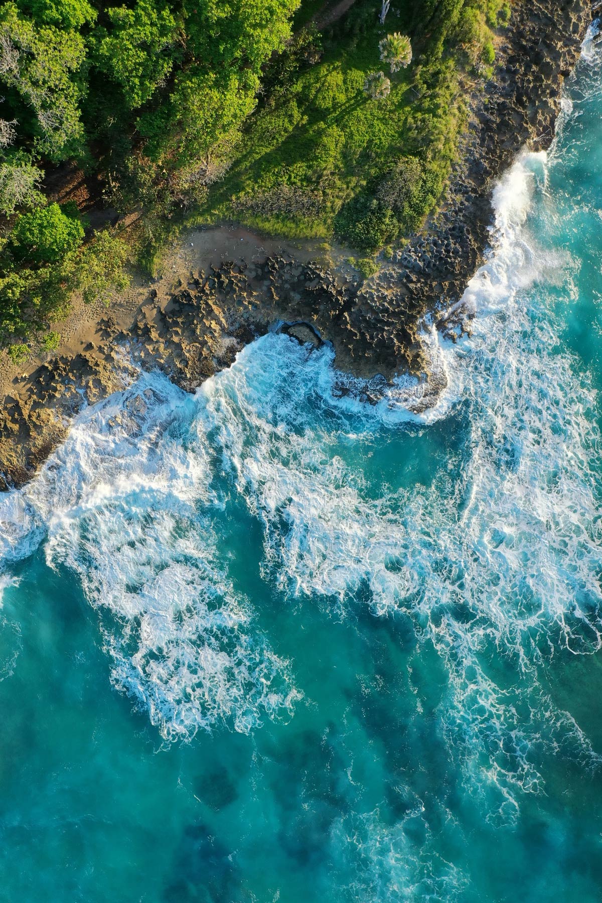 Aerial view of waves and a rocky beach.